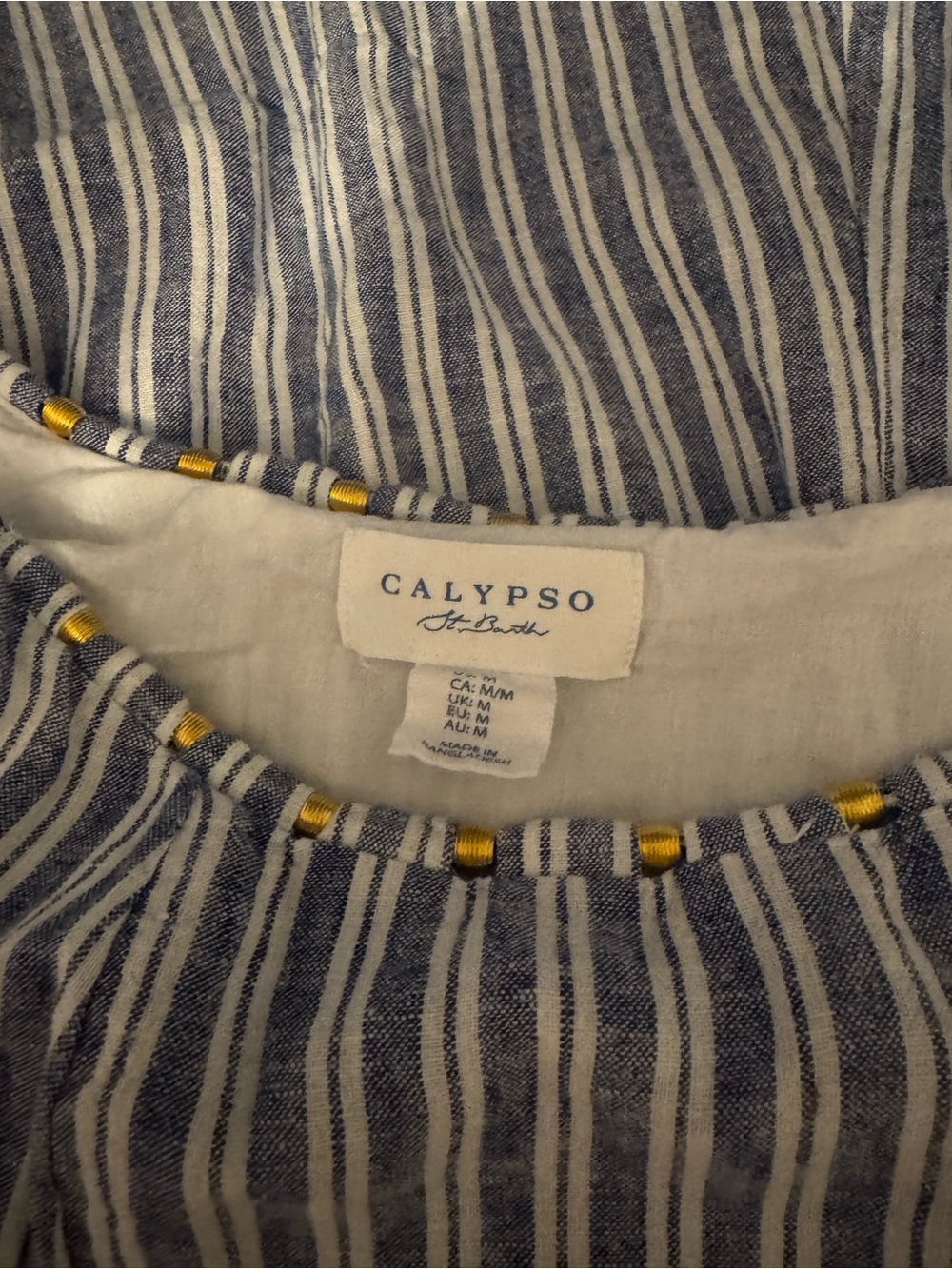 Calypso St. Barth Navy and White Striped Linen Top with Gold Accent